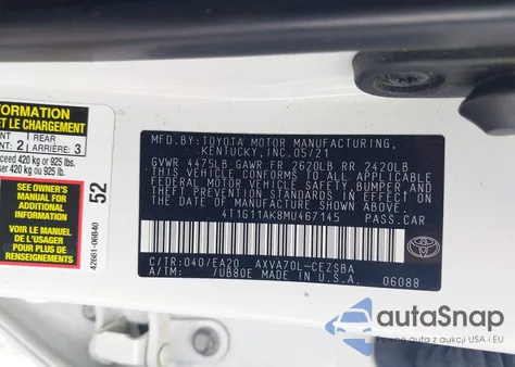 2021 Toyota Camry Se z USA, uszkodzony, nr VIN 4T1G11AK8MU467145